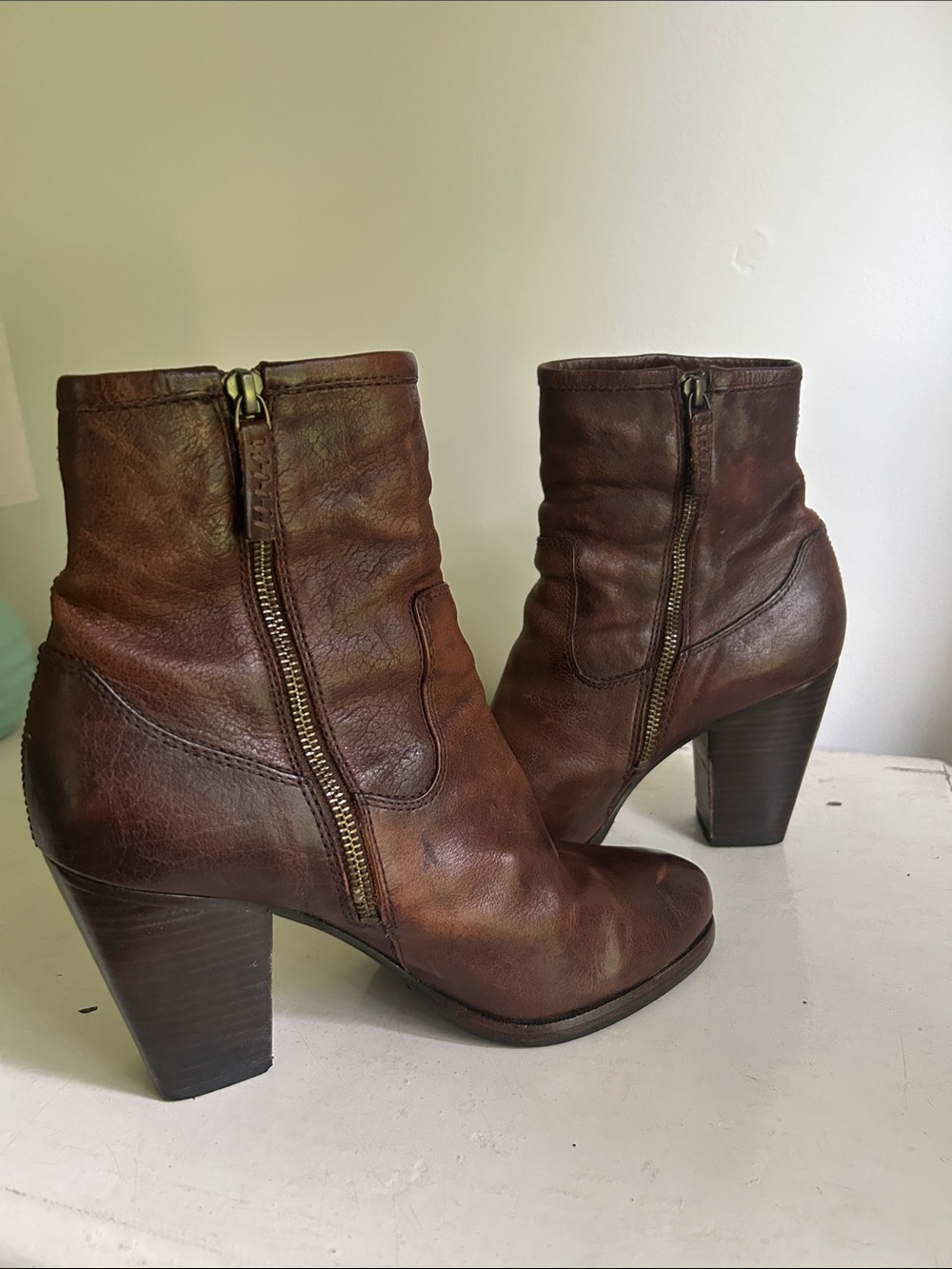 Frye Brown Leather Ankle Booties with Stacked Heel